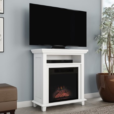 HASTINGS HOME Electric Fireplace TV Stand, 29" Freestanding Console, Faux Logs, LED Flames, Heater Center (White) 367582TSC